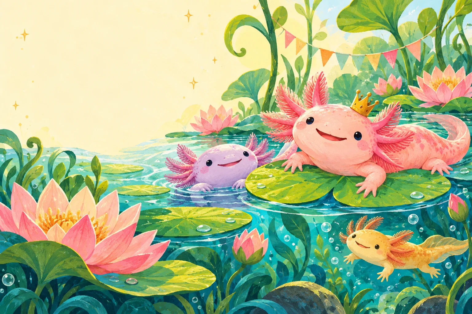 Personajes de ajolotes coronados entre nenúfares y flores en un reino imaginario